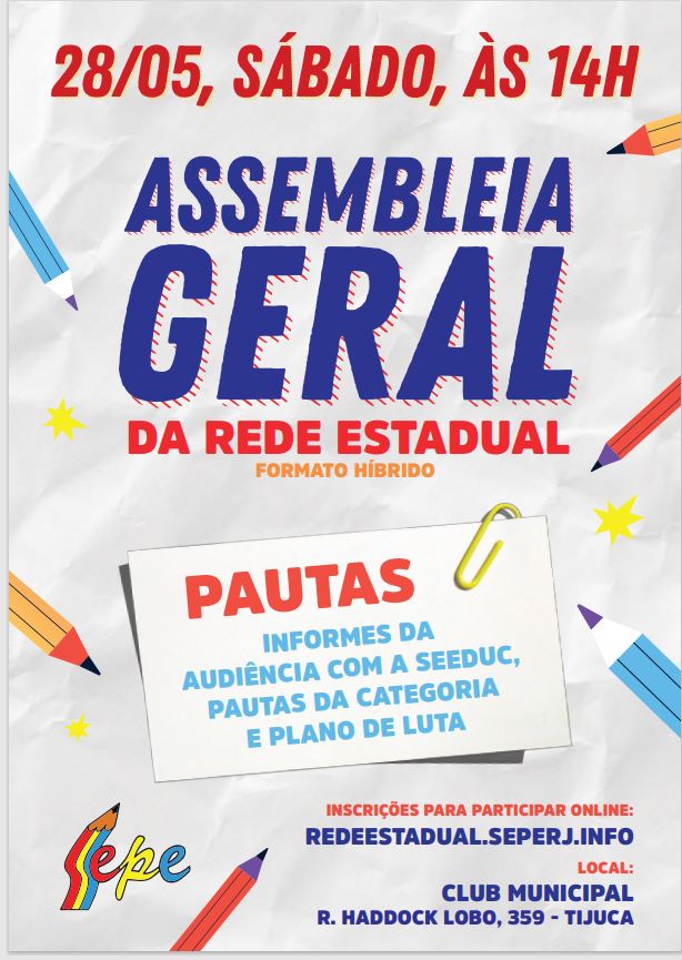 CARTAZ COM CHAMADA PARA ASSEMBLEIA DA REDE ESTADUAL DO DIA 28 DE MAIO ...