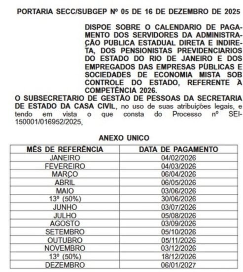 Governo do Estado publicou o calendário de pagamentos para 2026 – Sepe
