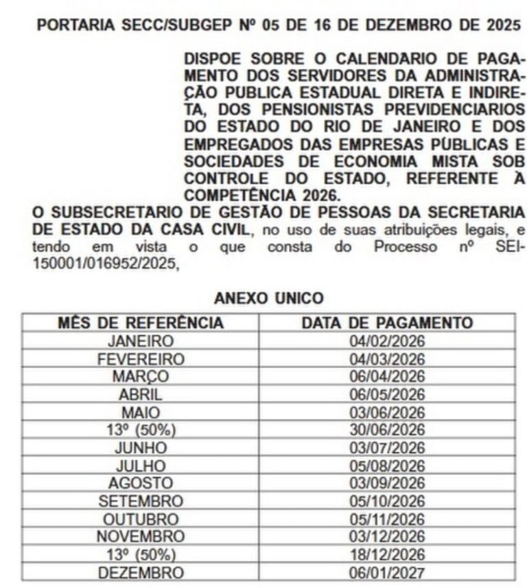 Governo do Estado publicou o calendário de pagamentos para 2026 – Sepe