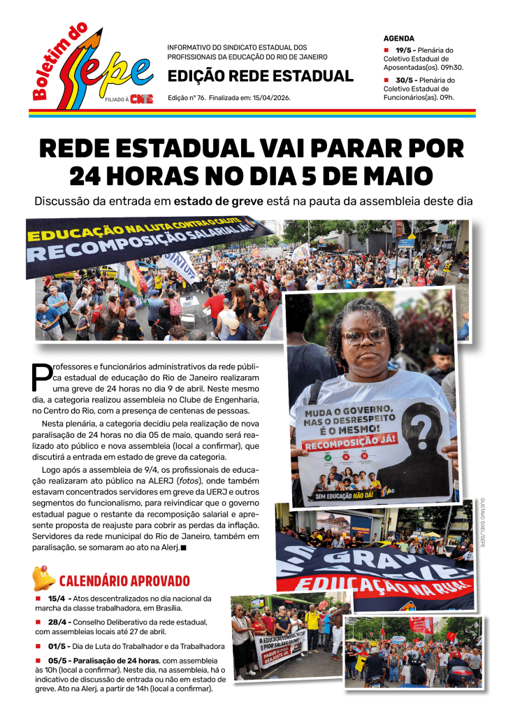 Capa do Boletim, com a manchete: Rede Estadual vai parar por 24 horas no dia 05 de maio
